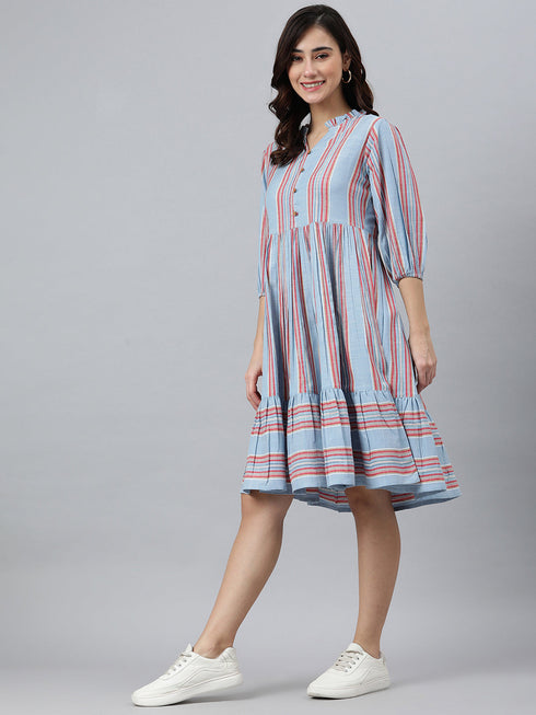 Sky Blue Cotton Blend Striped Flared Western Dress